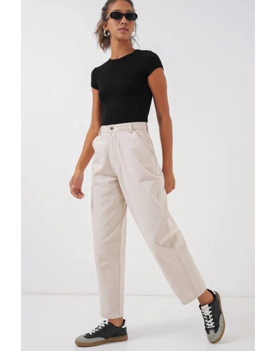 6703 Yüksek Bel Kot Pantolon  Ekru