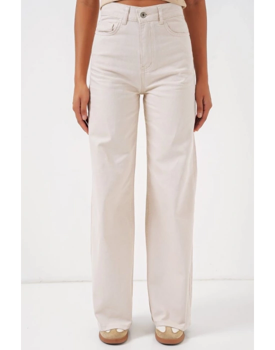 6704 Geniş Paça Yüksek Bel Kot Pantolon  Ekru