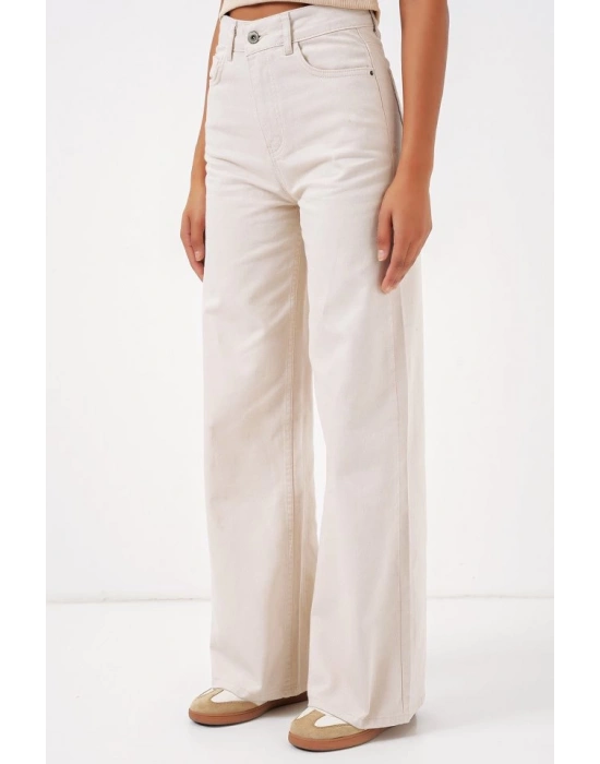 6704 Geniş Paça Yüksek Bel Kot Pantolon  Ekru