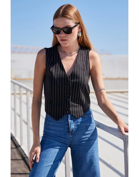 6794 Çizgili Dokuma Yelek  Siyah