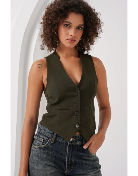 6796 Kısa Dokuma Yelek  Haki