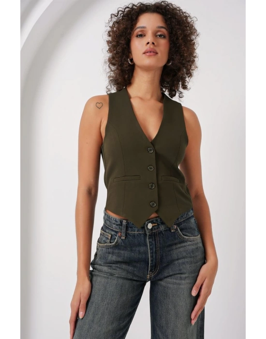 6796 Kısa Dokuma Yelek  Haki