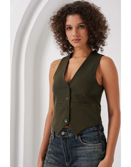 6796 Kısa Dokuma Yelek  Haki