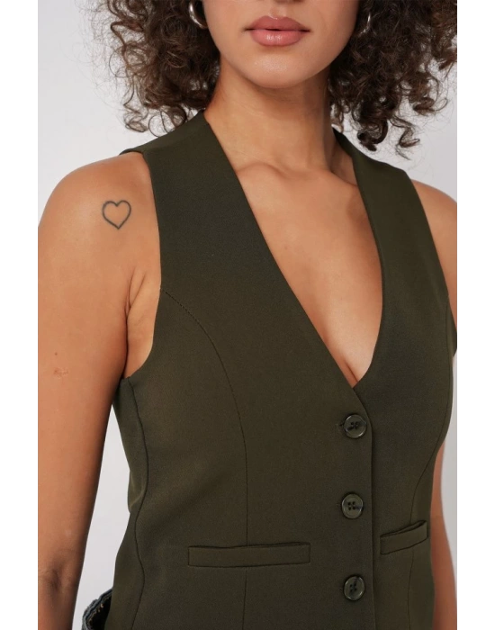 6796 Kısa Dokuma Yelek  Haki