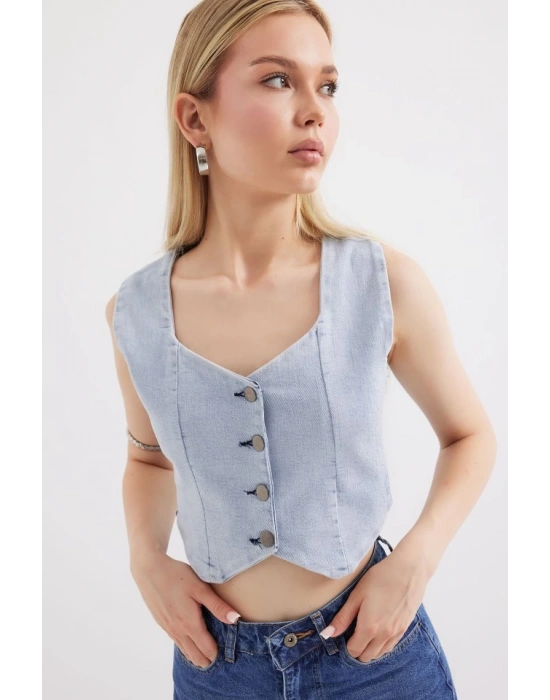 6797 Crop Kot Yelek  Mavi