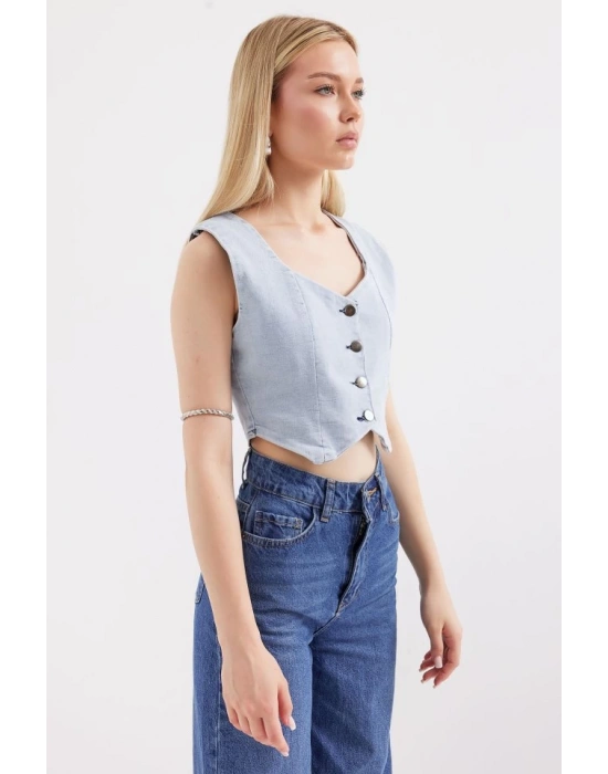 6797 Crop Kot Yelek  Mavi