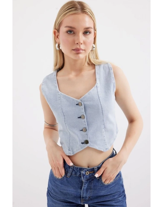 6797 Crop Kot Yelek  Mavi