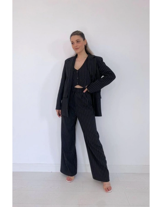 Siyah Çizgili Ceket  Yelek Ve Pantolon Takım