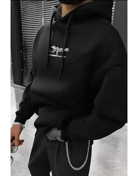 Erkek Baskılı Kapüşonlu Ve Kordon İpli weat  iyah