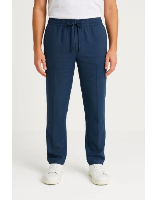 Erkek Keten Pantolon – Cepli, Beli astikli Ve Bağcıklı, Nefes Alan Rahat Kalıp, Yazlık Ve Baharlık Günlük Giyim, Şık  Konforlu Boru Paça odel  acivert