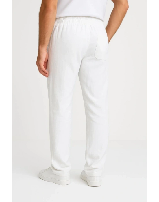 Erkek Keten Pantolon – Cepli, Beli astikli Ve Bağcıklı, Nefes Alan Rahat Kalıp, Yazlık Ve Baharlık Günlük Giyim, Şık  Konforlu Boru Paça odel  Beyaz