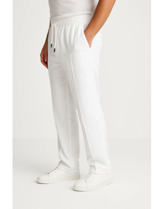 Erkek Keten Pantolon – Cepli, Beli astikli Ve Bağcıklı, Nefes Alan Rahat Kalıp, Yazlık Ve Baharlık Günlük Giyim, Şık  Konforlu Boru Paça odel  Beyaz
