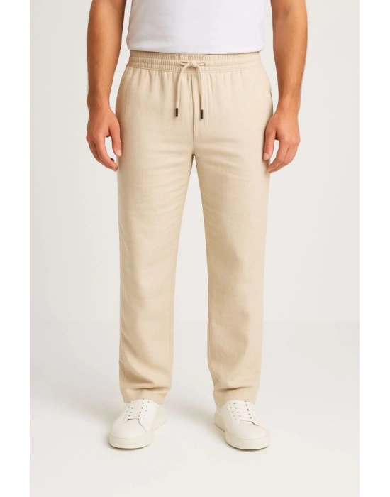 Erkek Keten Pantolon – Cepli, Beli astikli Ve Bağcıklı, Nefes Alan Rahat Kalıp, Yazlık Ve Baharlık Günlük Giyim, Şık  Konforlu Boru Paça odel  Bej