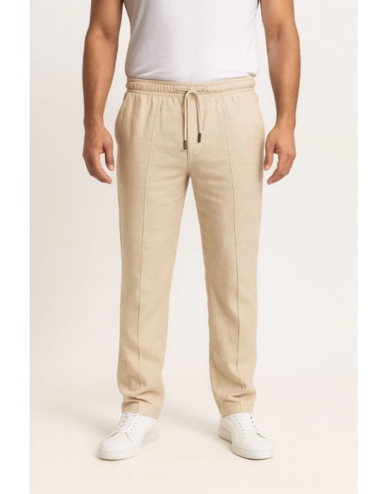 Erkek Keten Pantolon – Cepli, Beli astikli Ve Bağcıklı, Nefes Alan Rahat Kalıp, Yazlık Ve Baharlık Günlük Giyim, Şık  Konforlu Boru Paça odel  Bej