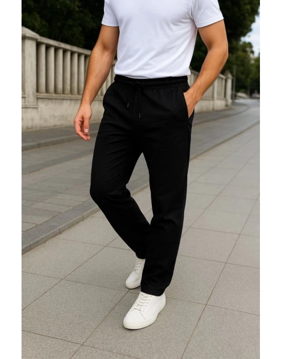 Erkek Keten Pantolon – Cepli, Beli astikli Ve Bağcıklı, Nefes Alan Rahat Kalıp, Yazlık Ve Baharlık Günlük Giyim, Şık  Konforlu Boru Paça odel  iyah