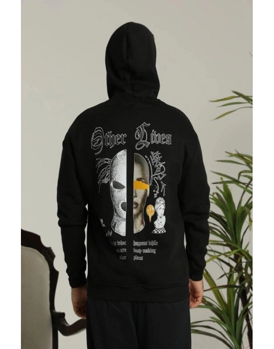 Erkek Kapşonlu weatshirt – Oversize Üç İplik Şardonlu Hoodie, “Other ives” Ön  Arka Baskılı, Kanguru Cepli, Kışlık Rahat Günlük til  iyah