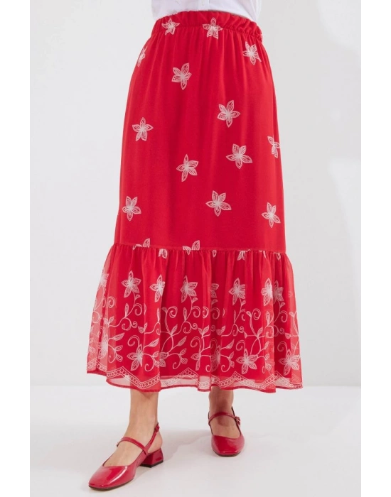 8010 Desenli Şifon Etek  A.Kırmızı