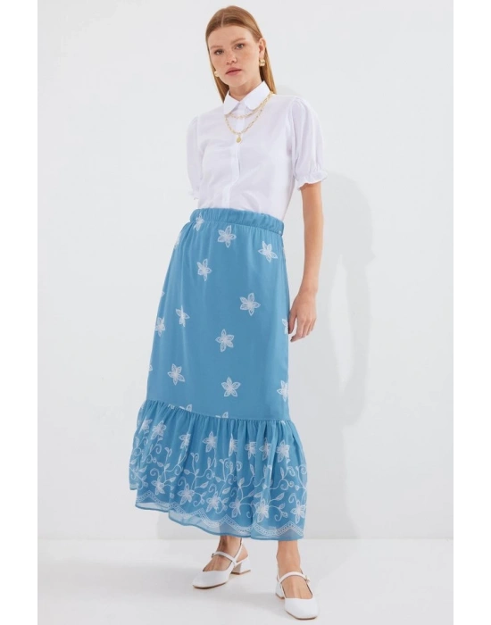 8010 Desenli Şifon Etek  İndigo