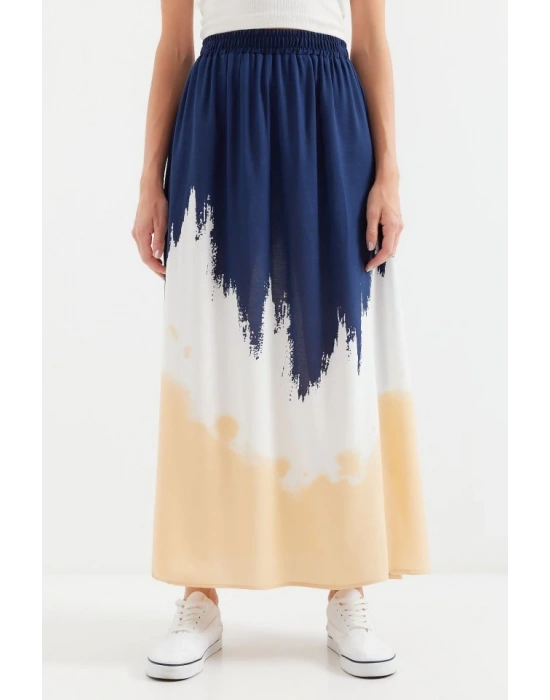 8025 Desenli Uzun Viskon Etek  Lacivert