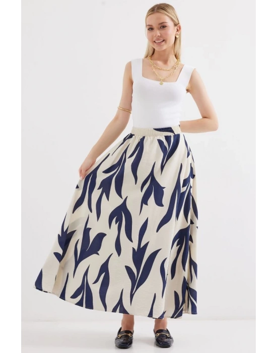 8028 Desenli Uzun Etek  Lacivert