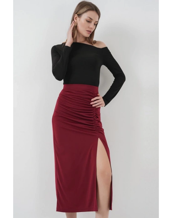 8033 Sandy Yırtmaçlı Etek  Bordo