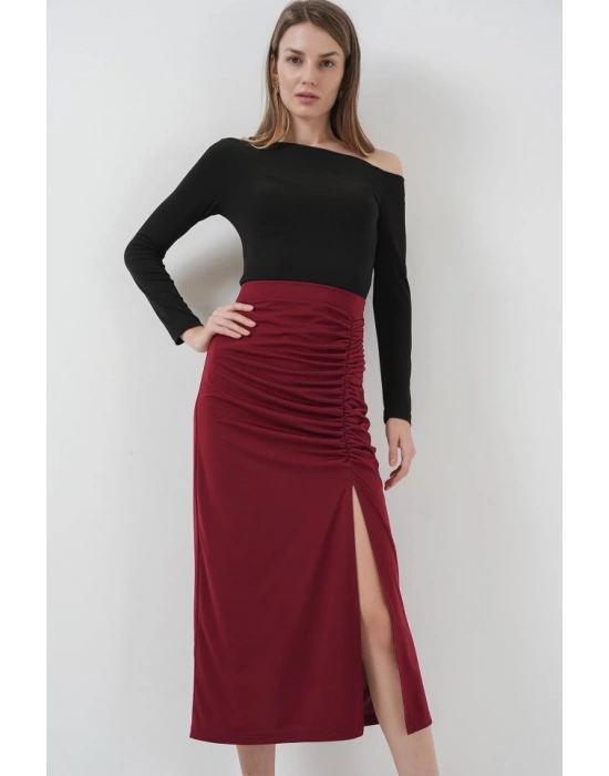 8033 Sandy Yırtmaçlı Etek  Bordo