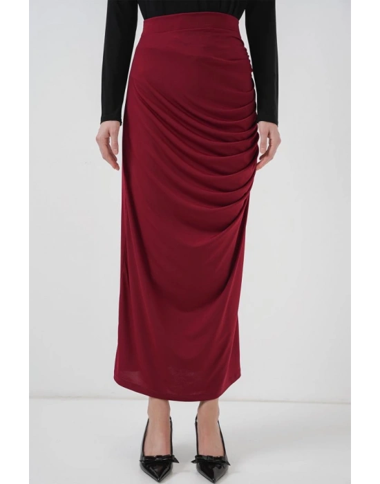 8035 Büzgülü Midi Etek  Bordo