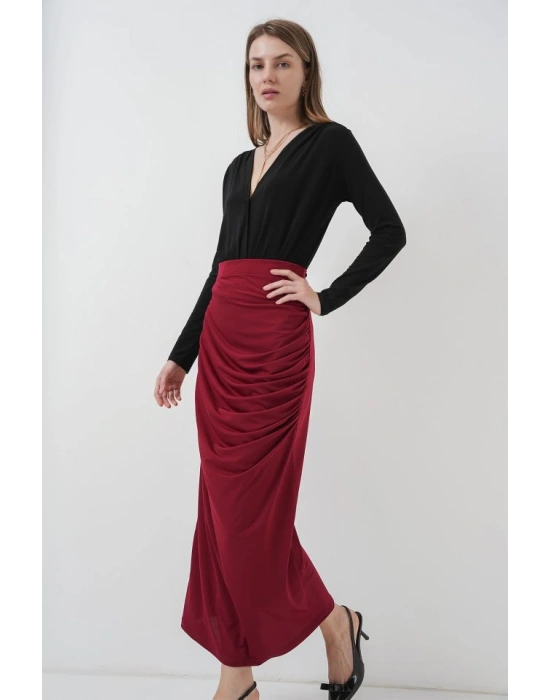 8035 Büzgülü Midi Etek  Bordo