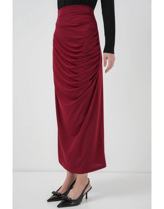 8035 Büzgülü Midi Etek  Bordo