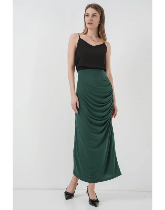 8035 Büzgülü Midi Etek  Zümrüt Yeşili