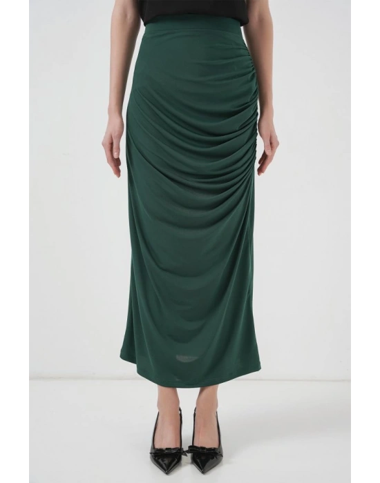 8035 Büzgülü Midi Etek  Zümrüt Yeşili