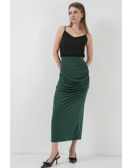 8035 Büzgülü Midi Etek  Zümrüt Yeşili