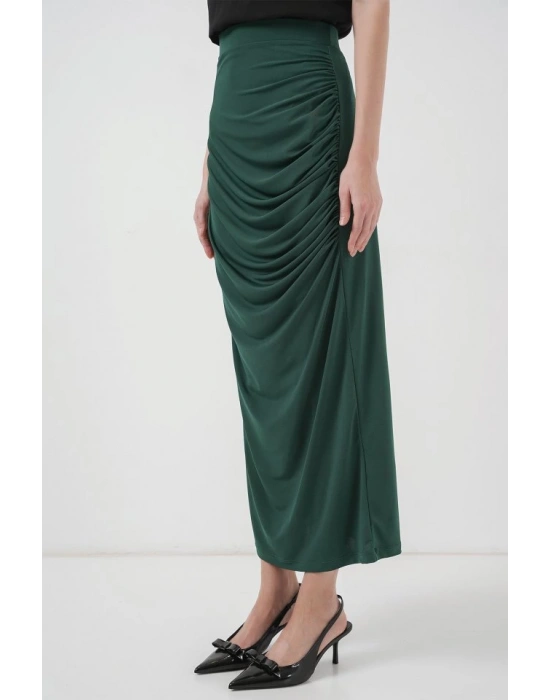 8035 Büzgülü Midi Etek  Zümrüt Yeşili
