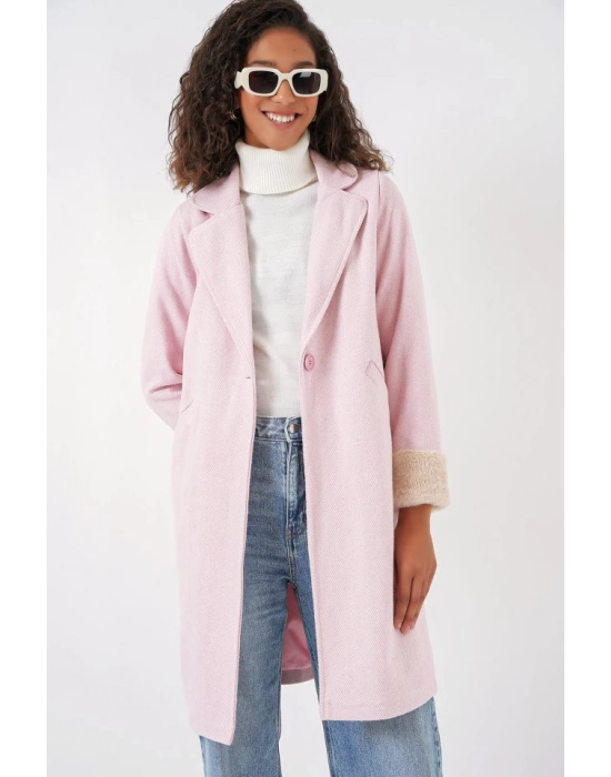 9085 Balık Sırtı Kaşe Kaban  Pudra