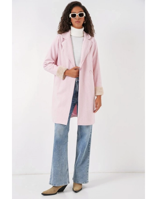 9085 Balık Sırtı Kaşe Kaban  Pudra