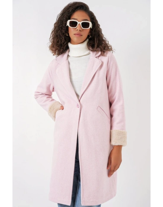 9085 Balık Sırtı Kaşe Kaban  Pudra