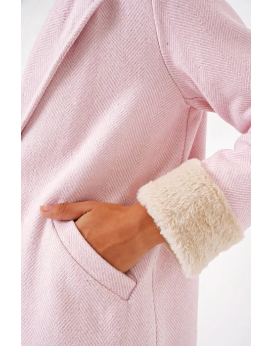 9085 Balık Sırtı Kaşe Kaban  Pudra