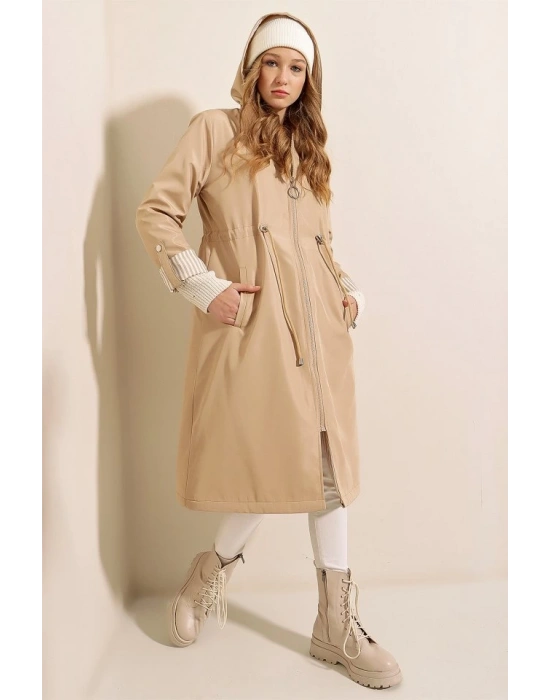 9091 Beli Büzgülü Kapşonlu Trençkot  Bej