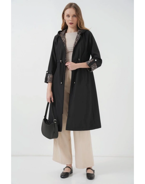 9091 Beli Büzgülü Kapşonlu Trençkot  Düz Siyah