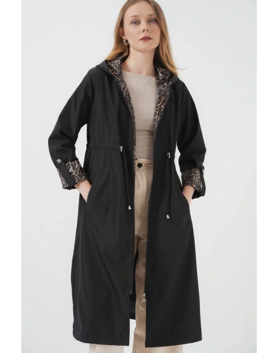 9091 Beli Büzgülü Kapşonlu Trençkot  Düz Siyah