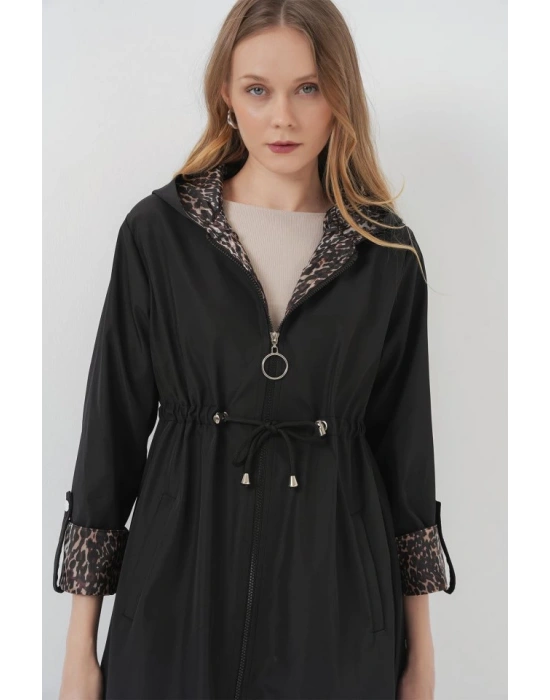 9091 Beli Büzgülü Kapşonlu Trençkot  Düz Siyah