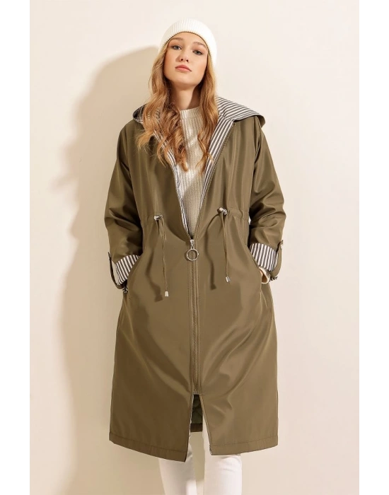 9091 Beli Büzgülü Kapşonlu Trençkot  Haki