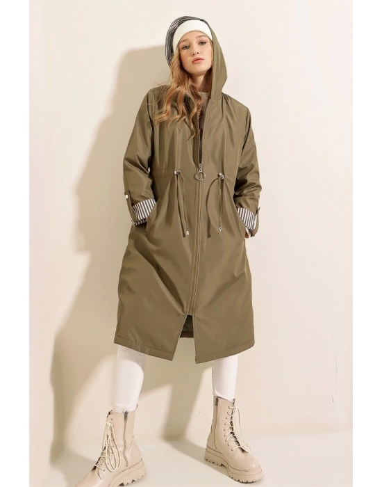 9091 Beli Büzgülü Kapşonlu Trençkot  Haki