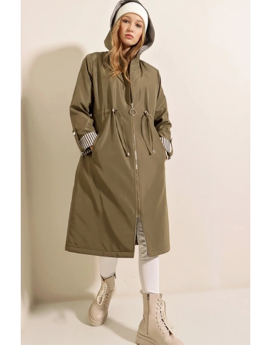 9091 Beli Büzgülü Kapşonlu Trençkot  Haki