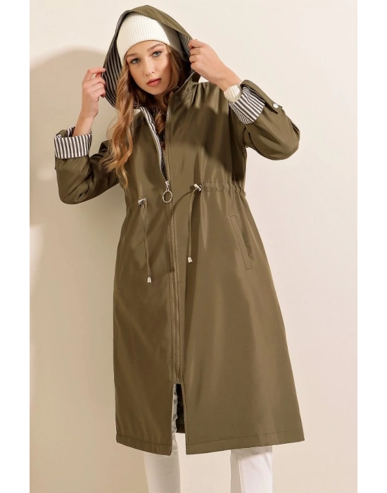 9091 Beli Büzgülü Kapşonlu Trençkot  Haki