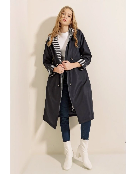 9091 Beli Büzgülü Kapşonlu Trençkot  Lacivert