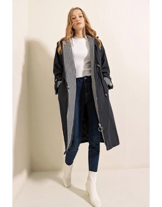 9091 Beli Büzgülü Kapşonlu Trençkot  Lacivert