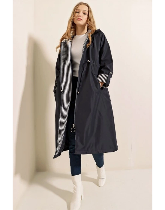 9091 Beli Büzgülü Kapşonlu Trençkot  Lacivert