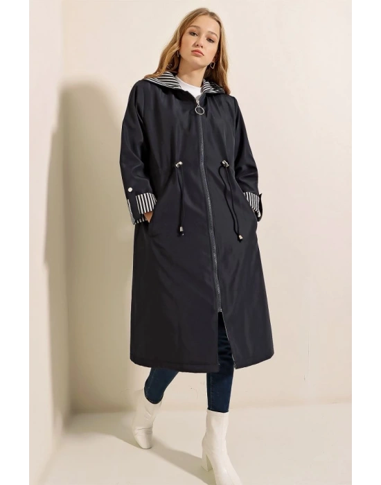 9091 Beli Büzgülü Kapşonlu Trençkot  Lacivert