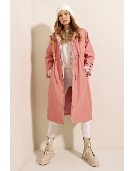9091 Beli Büzgülü Kapşonlu Trençkot  Pembe
